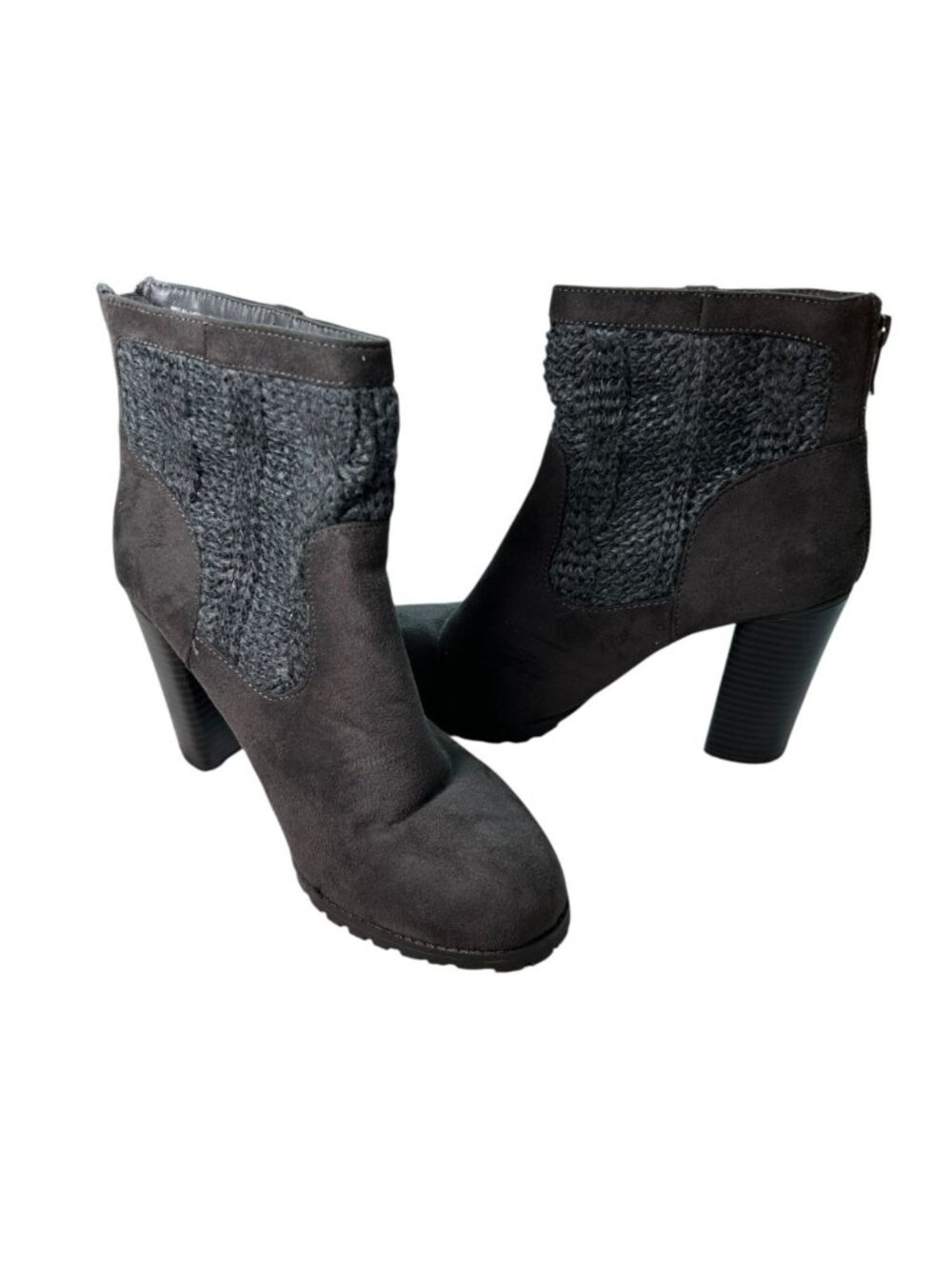 Juicy Couture Boots JC Lupia Grey Womens Sz 8.5 Zip Back Brown Gray Suede Knit